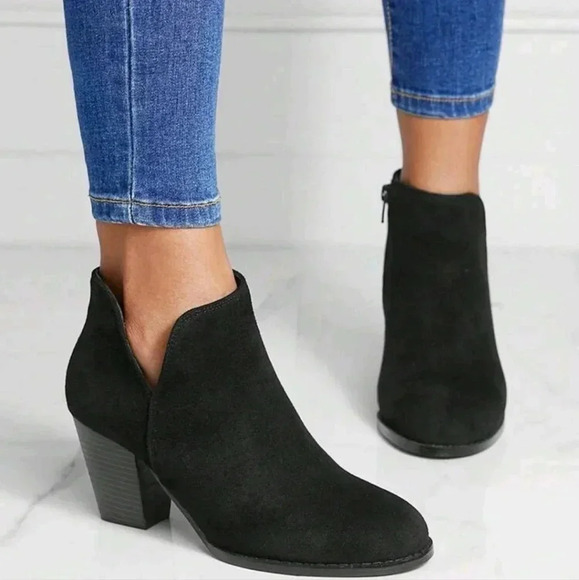 Side Zip Chunky Heeled Faux Suede Booties, Black Elegant - Picture 1 of 4
